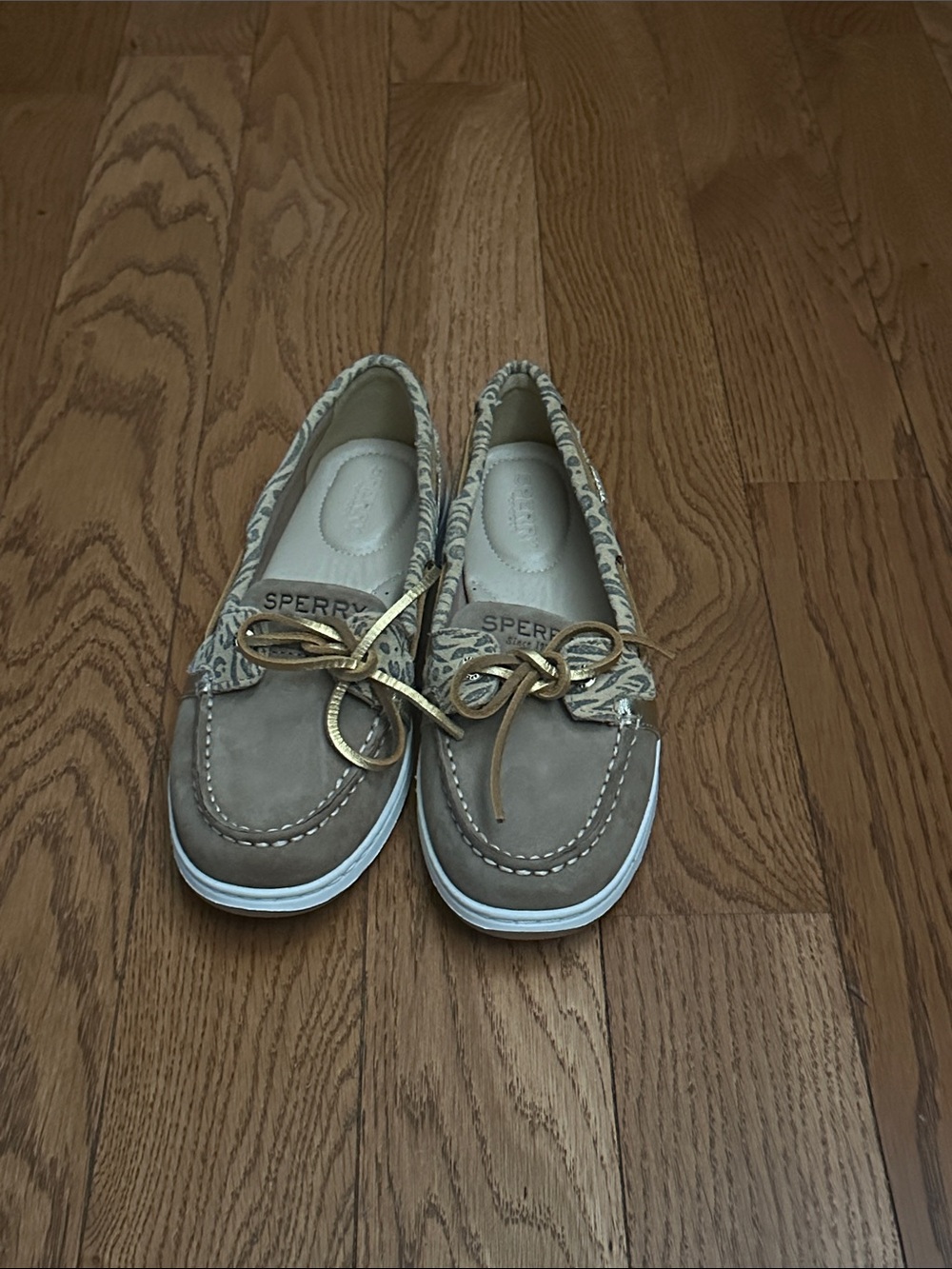 Sperry Taupe Deck Shoes with Gold Bow